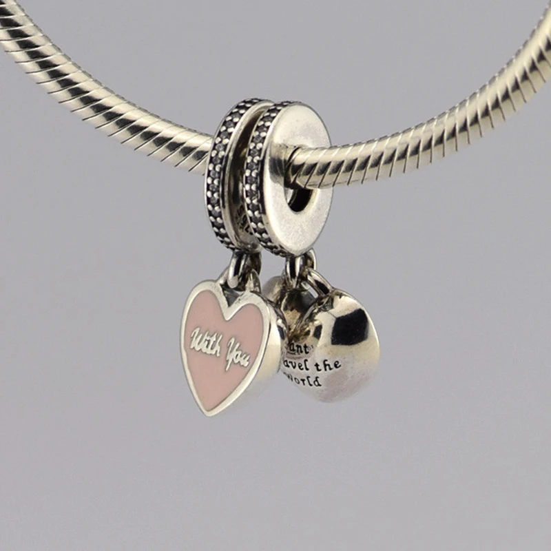 

Fits Original Charms Bracelet 925 Sterling Silver Travel The World With You Pink Enamel Heart Charm Beads for Jewelry Making