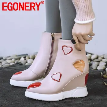 

EGONERY cow leather boots cute woman Heart pattern zip super high heels shoes Punk ankle boots pink black women fashion boots