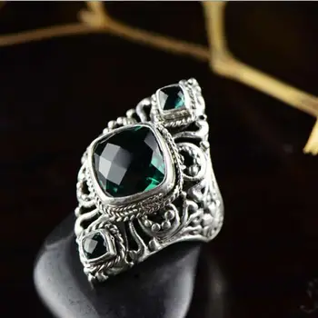 

New Arrival Solid Sterling Silver Ring Women Green Crystal Vintage Ring