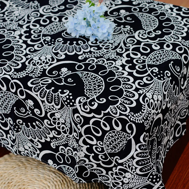 Chinese National Style Cotton Linen Tablecloths Blackand White Phoenix