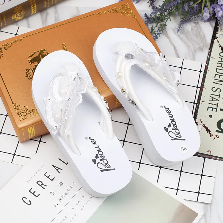 Korean Handmade Pearl Butterfly Slippers Female Summer Non-slip Beach White Platform Wedge Flip Flops Shoes Cheap Online 6cm50