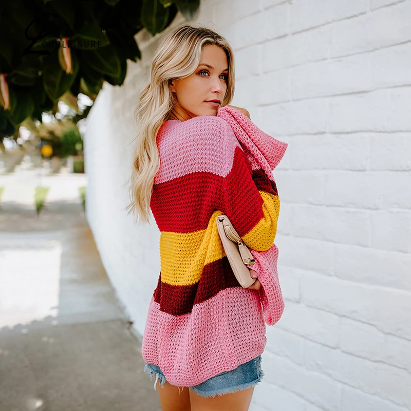 

CHRLEISURE Autumn Color O-Neck Sweater For Women Casual Loose Long Sleeve Stripe Female Sweatershirt Fashion Woman's Sweater