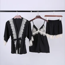 Женский пикантный Шелковый Атласный халат, пижамный комплект, кружевной комплект для сна, летний халат, комплект для ванной, Халат+ топ+ штаны, комплект из 3 предметов для женщин