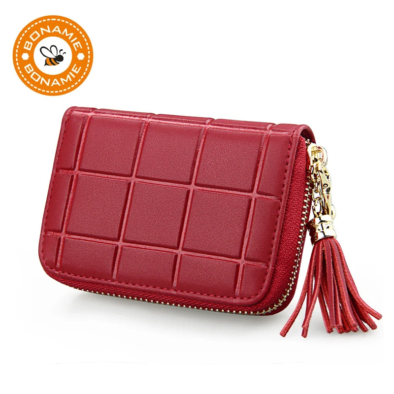 BONAMIE Genuine Leather Organ Tassel Pendant Wallet Ladies Small Cards Credit Card Holder Wallet ...