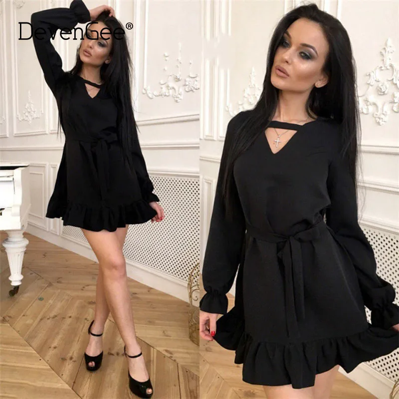

DevenGee Autumn Casual Mini Dress Women Clothing 2019 Fashion Solid Long Sleeve V-Neck Ruffles Sashes Straight Party Dresses