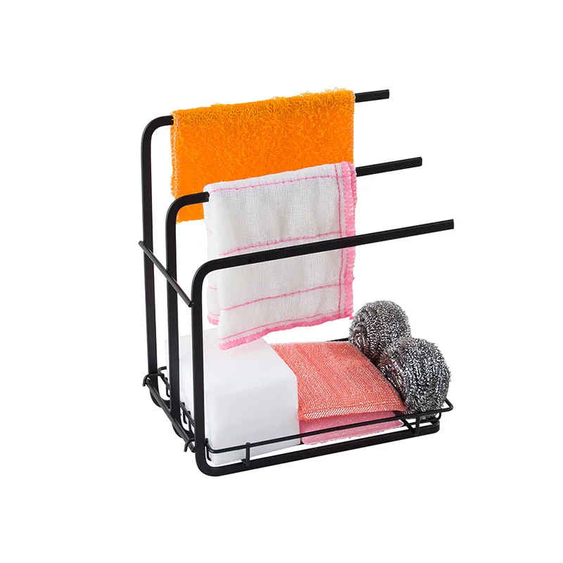 Black scouring pad rack carbon steel sponge drain holder dishcloth towel shelves steel ball racks kitchen organizer