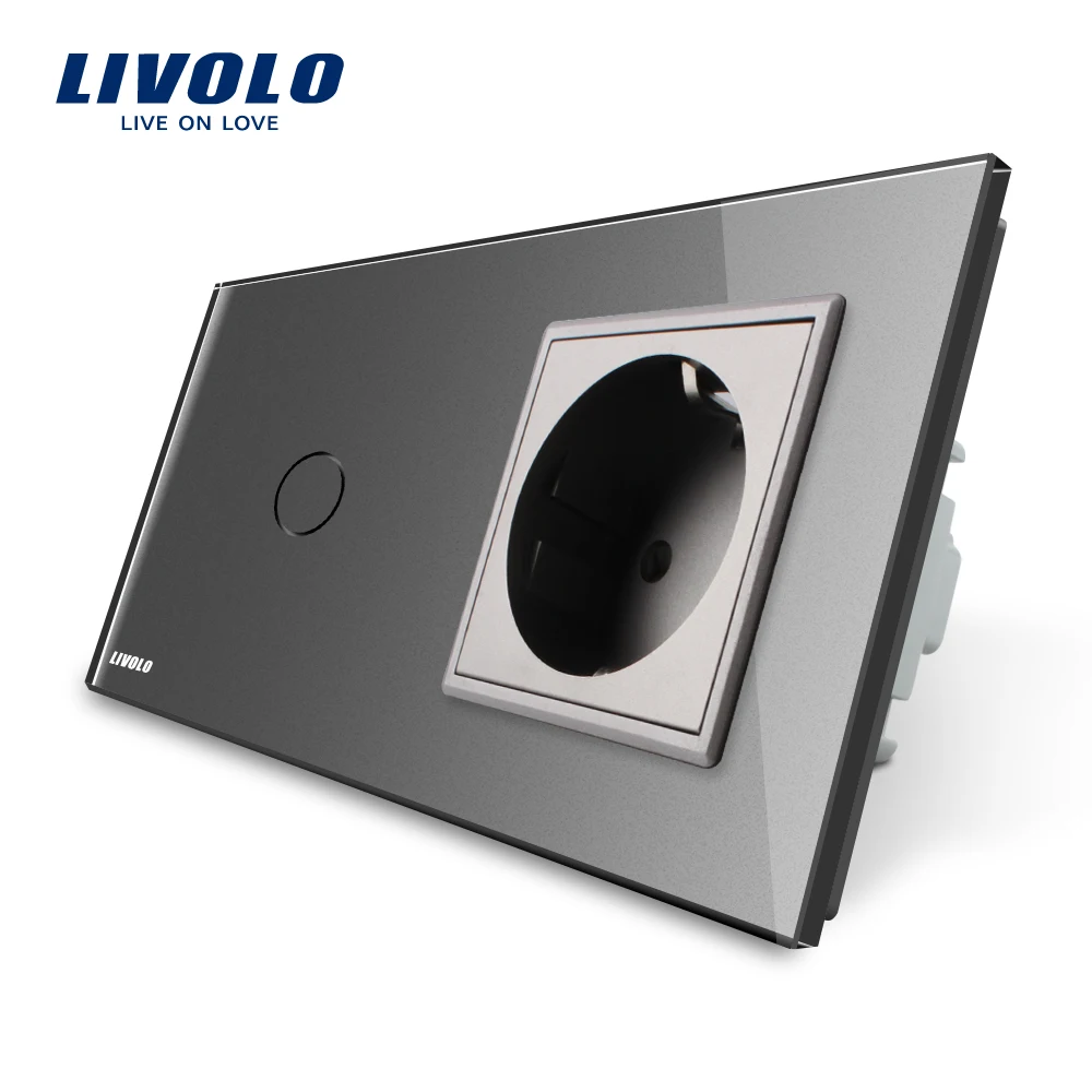 Livolo ЕС сенсорный выключатель с 16А стандартной розеткой, Хрустальная стеклянная панель, AC 220~ 250 В, настенная 2 штифта розетка с односторонним выключателем