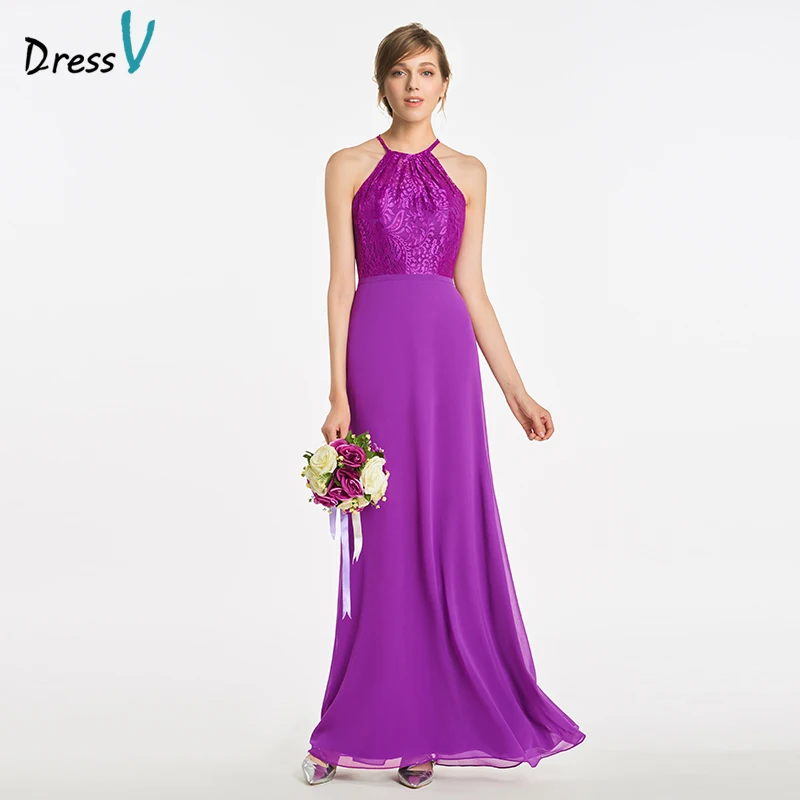 Dressv purple sexy halter neck a line bridesmaid dress zipper up lace