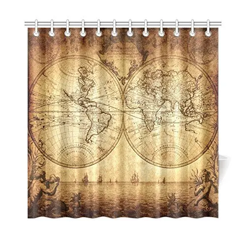 Vintage World Map Shower Curtain Hooks Yellow Fabric Old Style Ancient
