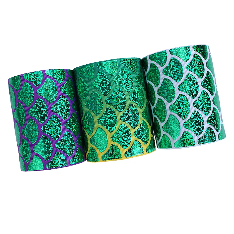 

3 inch green foil hologram mermaid scale printed ribbon