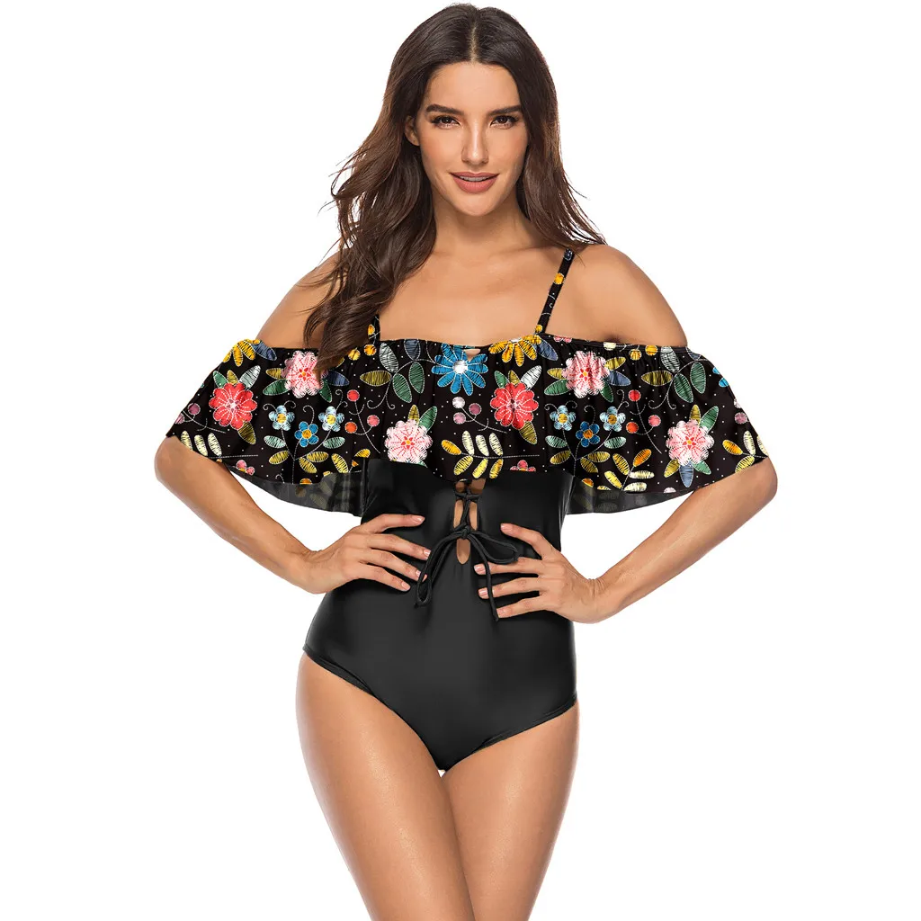 

2019 Plus Size Swimwear Floral Ruffle One Piece Swimsuit Sexy Strap Swimwear Bodysuit Swimming Suit For Women Push Up Monokini