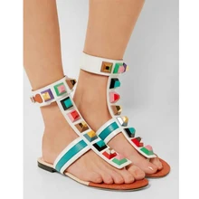 Hottest Fashion Summer Gladiator flat sandals Woman Rivets Embellish Flip Flops Peep Toe Ankle Strap Colorful Spikes Shoe