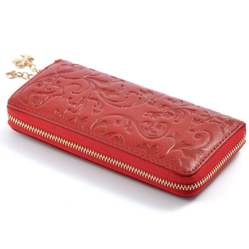 

Fashion Women Wallets Genuine Leather Female Long Wallets Long Zipper Flower Embossing Cowhide Coin Card Holder Purses TA25