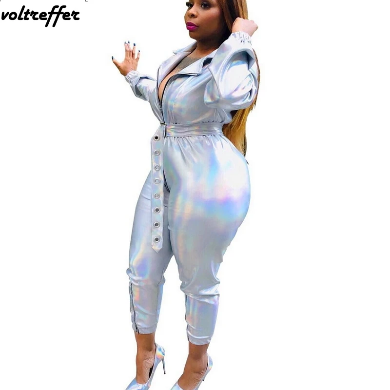 2019 Spring Silver Turn Down Collar Rompers Womens Jumpsuit Reflect Light Streetwear With Sashes Bodycon Bodysuit Sexy One Piece