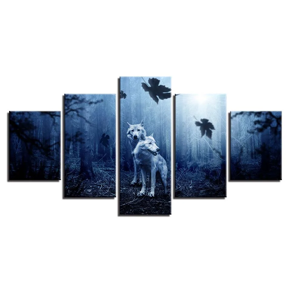 

Modular HD Prints Canvas Home Decor Pictures 5 Pieces Forest White Wolves Paintings Living Room Wall Art Animal Poster Framework