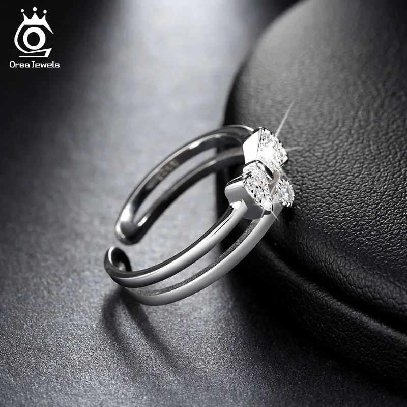ORSA JEWELS Luxury Cubic Zircon Bow Design Sterling Silver 925 resliable Rings Finger Fashion CZ Women Jewelry Adjustable SR17
