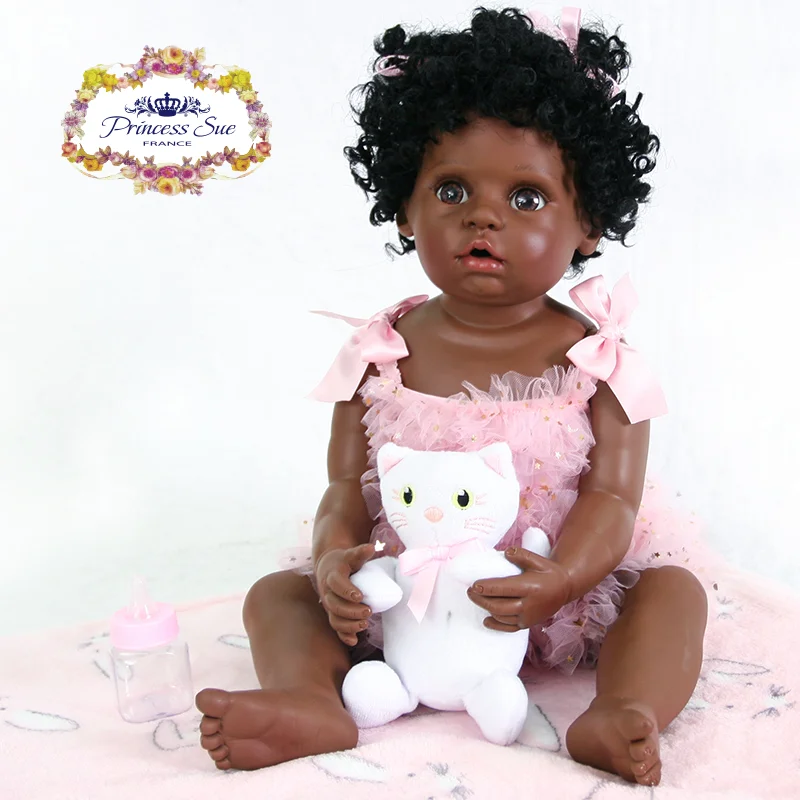 

Princess sue new 55cm black skin full silicone simulation newborn baby girl with lovely pink clothes silicone reborn baby dolls