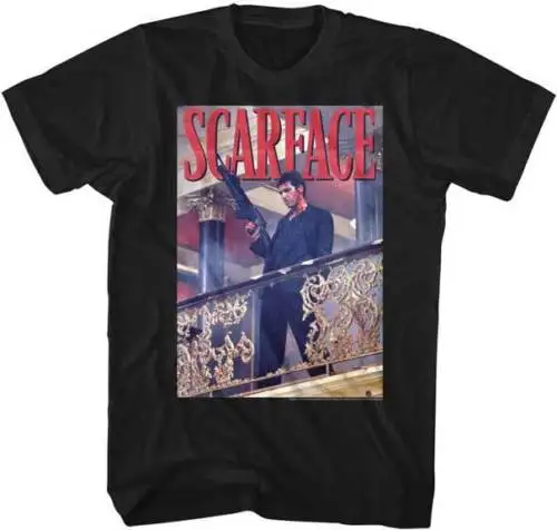 

Scarface Tony Montana On Balcony With Machine Gun Adult T Shirt Classic Movie Cool Casual pride t shirt men Unisex New Fashion