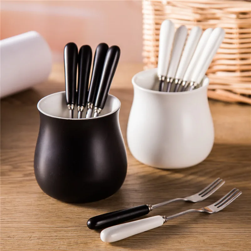 6Pcs/Set Long Dinner Fork With Ceramic Handle Muti functional Main