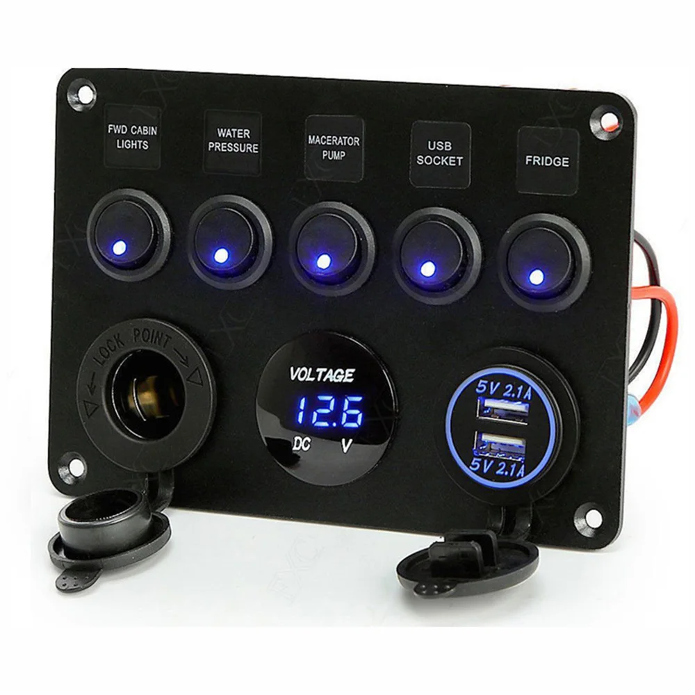 

5 Gang ON-OFF Toggle Rocker Switch Control Panel with Digital Voltmeter 2 USB Charger 12V for Car Marine Boat