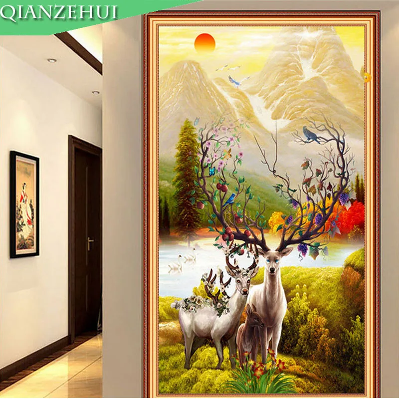 

QIANZEHUI,DIY Diamond Embroidery,Round Diamond Mother and child elk Full rhinestone 5D Diamond painting cross stitch,needlework