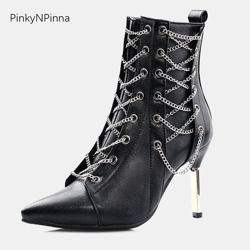 Ботильоны в стиле панк с острым носком на высоком каблуке-шпильке; женские короткие плюшевые ботинки с перекрестной шнуровкой на молнии; металлическая декоративная цепь; Женская обувь в готическом стиле