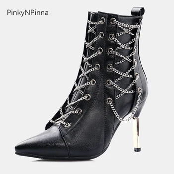 

pointed toe high stiletto heels punk ankle boots woman short plush cross tied zipper metal decoration chain Gothic shoes female