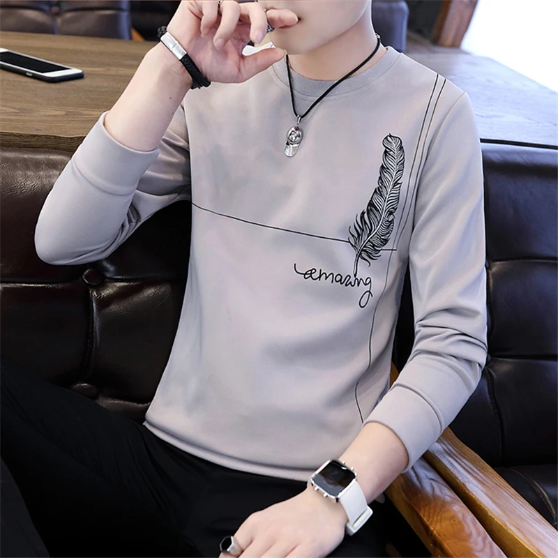 Модные тонкие футболки с длинным рукавом для студентов, мужские футболки с круглым вырезом и принтом, осенние дышащие новые корейские Стильные повседневные мягкие мужские футболки - Цвет: grey