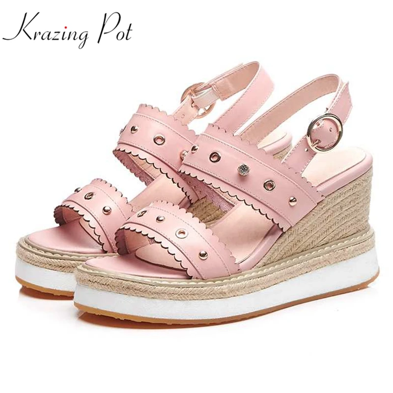 

Krazing pot cow leather metal buckle women platform sandals wedges 9.5cm super high heels rivets diamond increased shoes L9f1