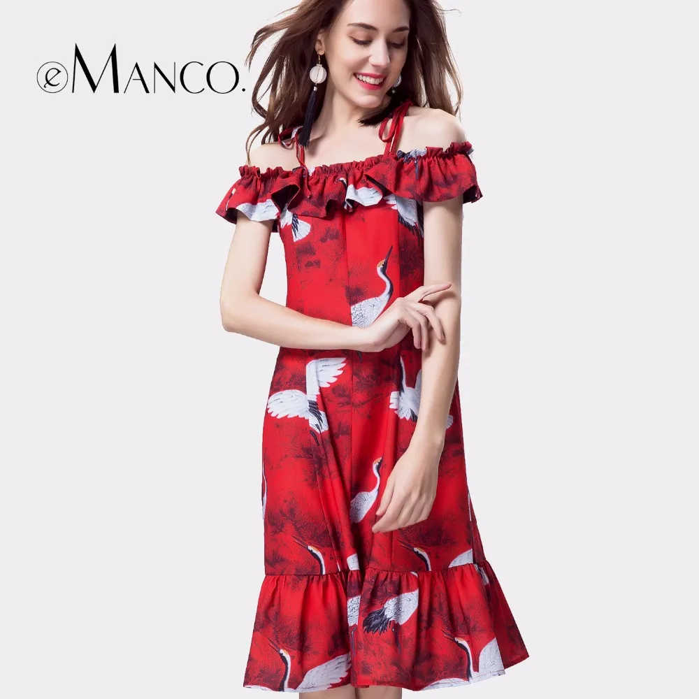 e-Manco Ruffle Floral Casual Off shoulder Red dress Fashion Printed Sleeveless Ruffles Keen-Length Sexy Spaghetti Strap Dress