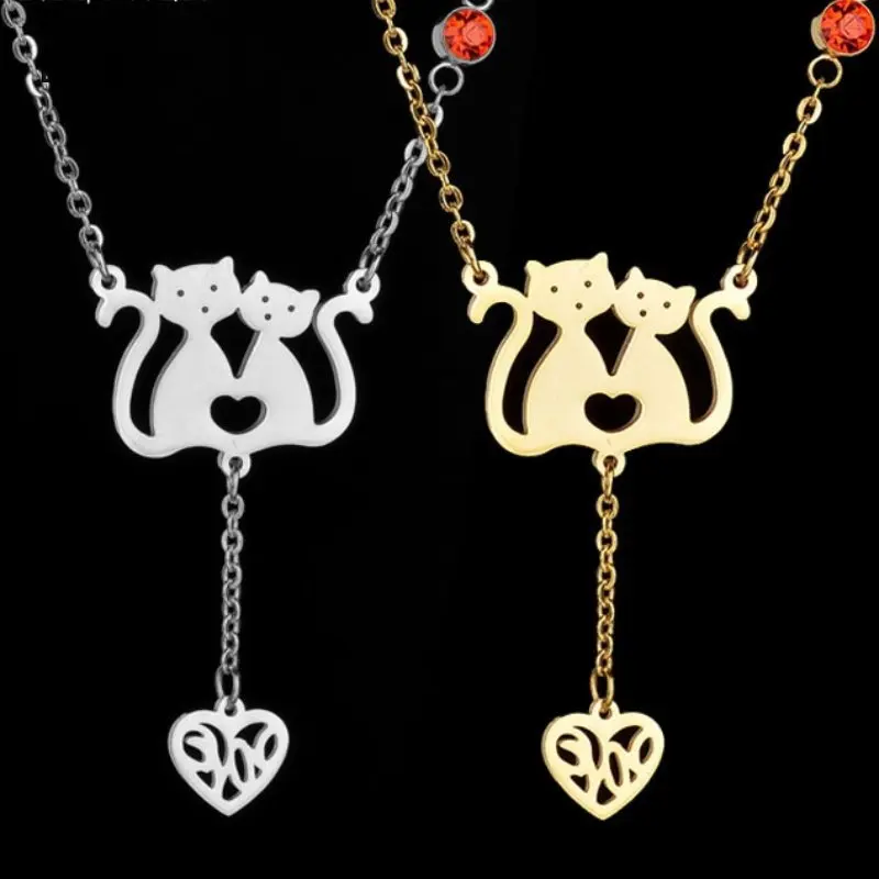 

Eleple 2 Sweet Cute Little Cats Red Zircon Stainless Steel Necklaces Women Fashion Small Hollow Love Necklace Jewelry S-N001