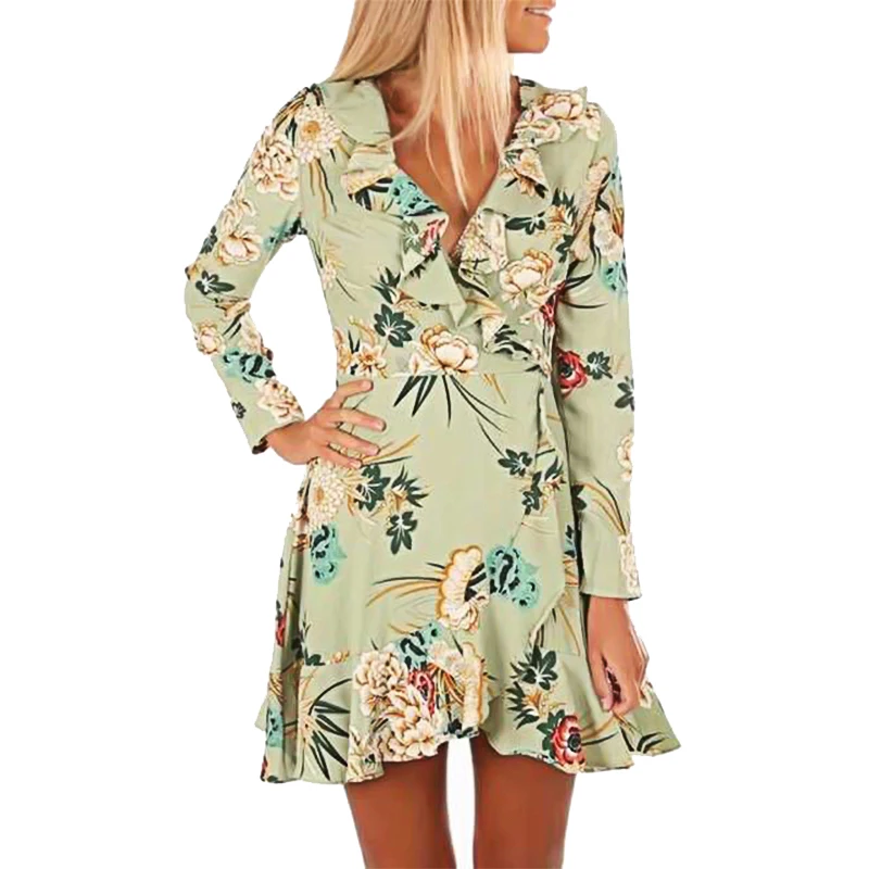 

New Winter Dresses Women New Temperament V-neck Print Long-sleeved Elegant Dress Female Boho Mini Dresses Woman Party Night
