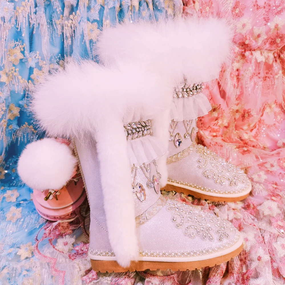 Gema De Mujer 2018 Rhinestone 34 Blanco 40 Botas Uno Pesada Europeo Caliente Invierno Zorro Embarcación Piel 41 Gran Nieve Lujo Tamaño Yd6xn0