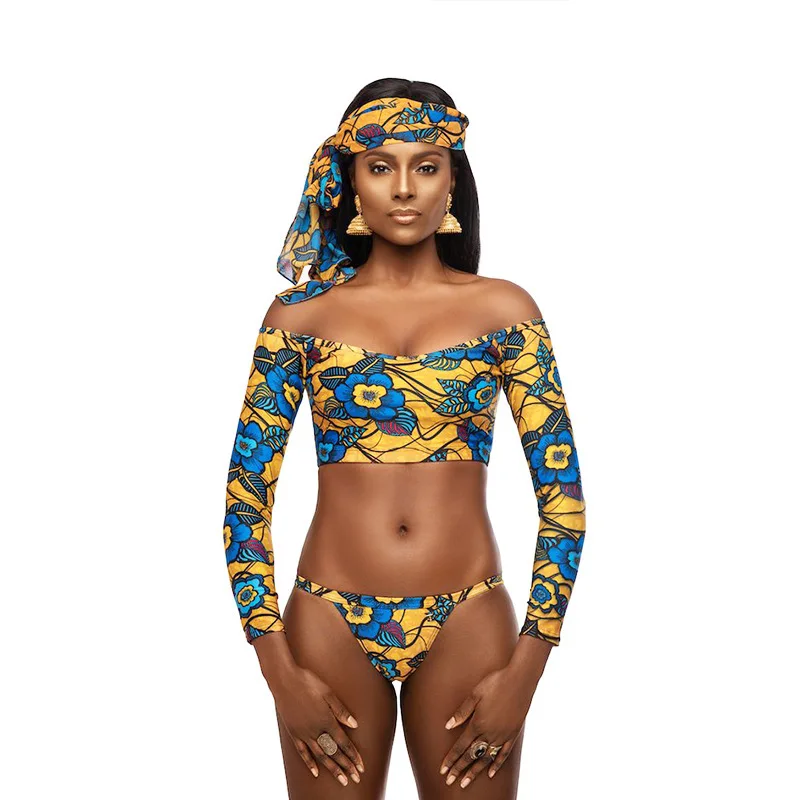 Купальный костюм с открытыми плечами без бретелек бандо женский дерзкий пуш-ап одежда для плавания с длинным рукавом Африканский принт купальные костюмы - Цвет: Цвет: желтый