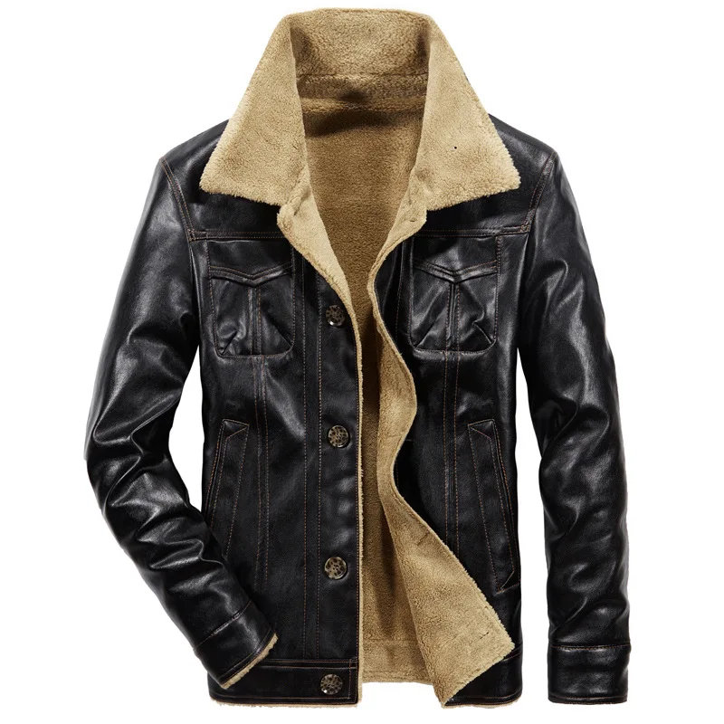 Новинка, мужская кожаная куртка, пальто из искусственной кожи, Мужская брендовая одежда, теплая верхняя одежда, зимняя меховая мужская флисовая куртка, черный цвет, Размер 4xl