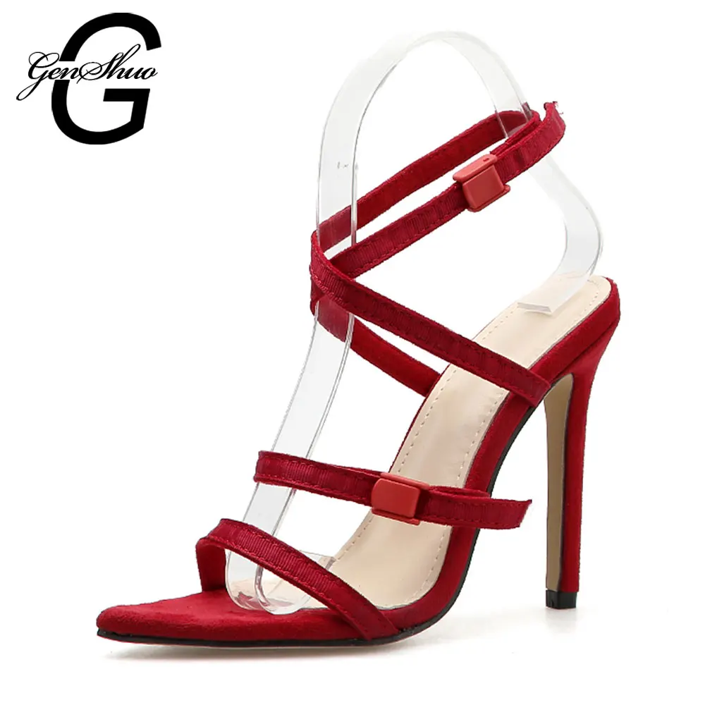 GENSHUO/пикантная обувь; женские сандалии-гладиаторы из флока; женская красная обувь на высоком каблуке с открытым носком; Sandalias sapatos femininos