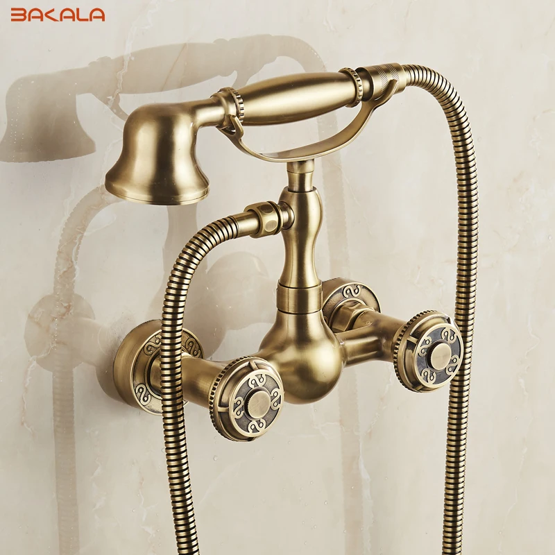 2017 bakala Free shipping Bathroom Bath Wall Mounted Carving Hand Held Antique Brass Shower Head Kit Shower Faucet Sets BR-10853