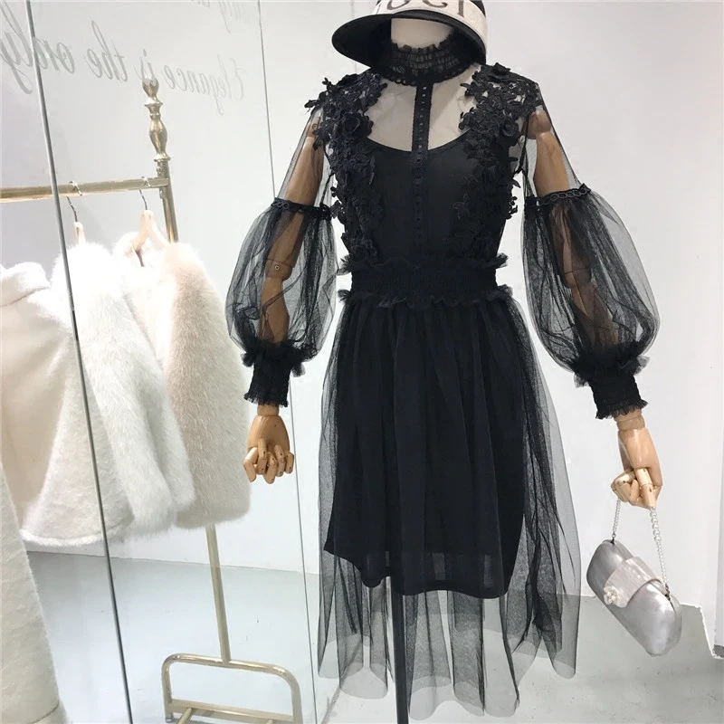 Женское кружевное платье ALPHALMODA с рукавами фонариками и высокой талией тонкое