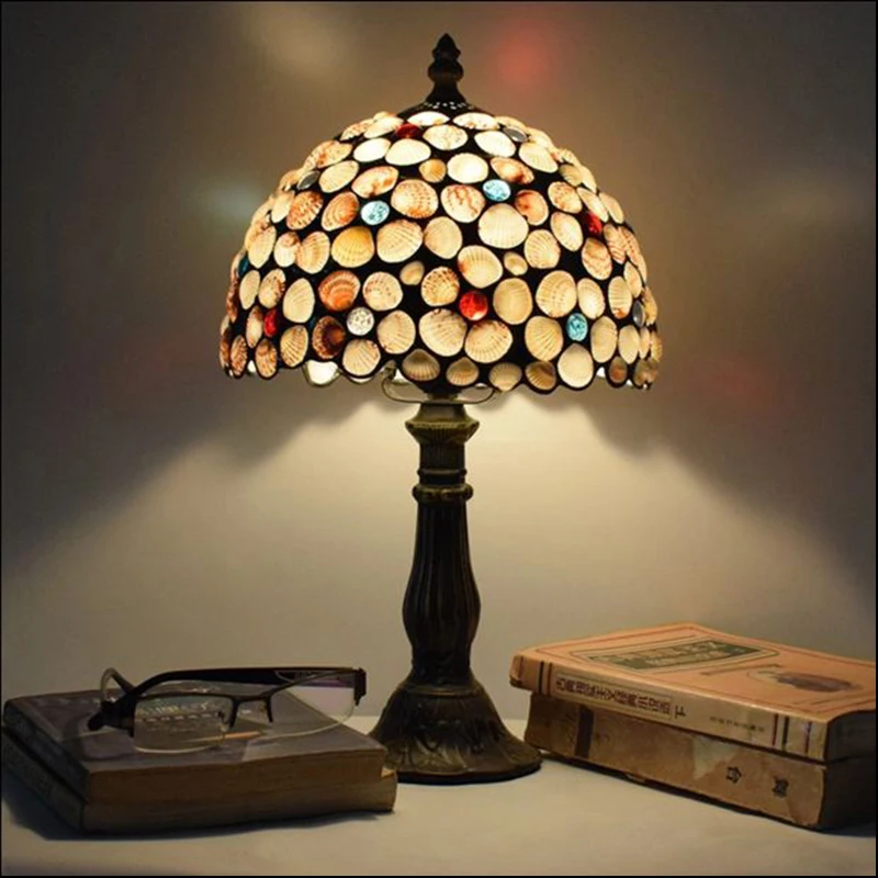 

WOERFU Tiffany Table Lamp 20cm Shell Lampshape Handmade Decorative Lamp 110V 220V Bedside Dimming Table Lamps