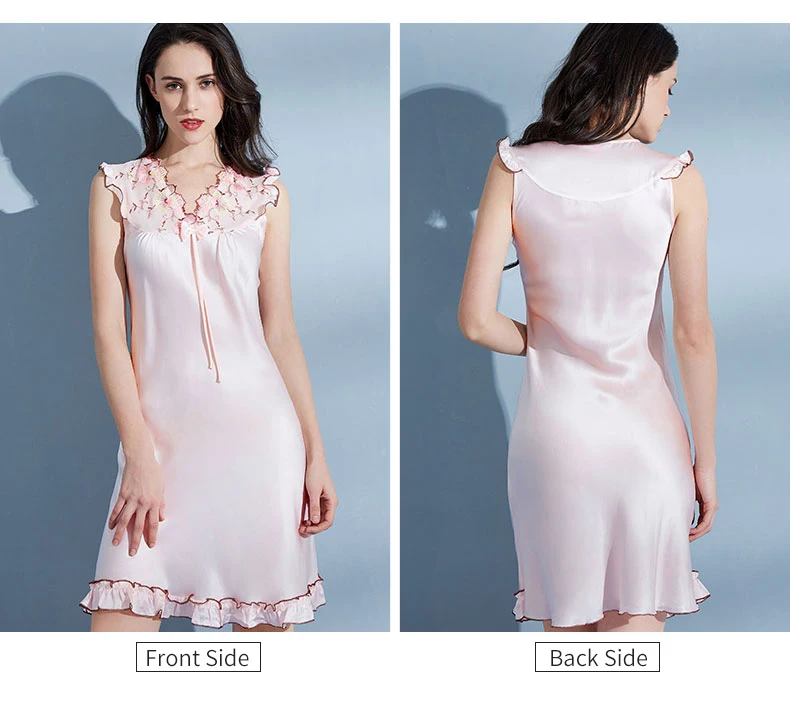 Женская шелковая ночная рубашка без рукавов, однотонная Цветочная кружевная дизайнерская шелковая ночная рубашка из Ханчжоу, женское розовое шелковое вечернее платье