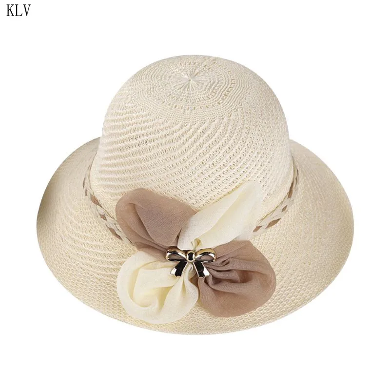 

Women Summer Straw Sun Hat Contrast Color Bowknot Decor Braided Ribbon Wide Brim Fisherman Bucket Cap Jacquard Knitted Beachwear
