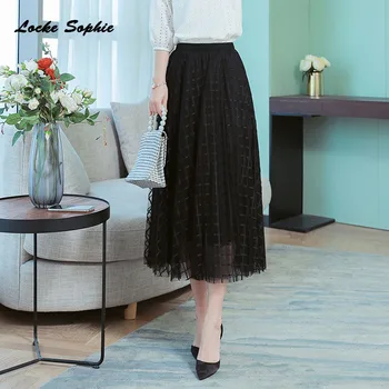 

1pcs Elastic Hight skirts Womens Pleated skirts 2020 Spring Fashion mesh Splicing plaid Black skirt Ladies Skinny Pleated skirts
