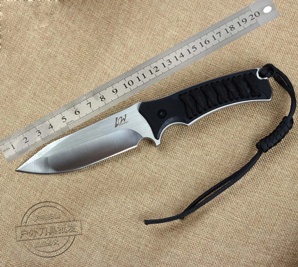 LW D2 Brush Finish Fixed Blade Knife Handle Binding Rope Hunting Knife