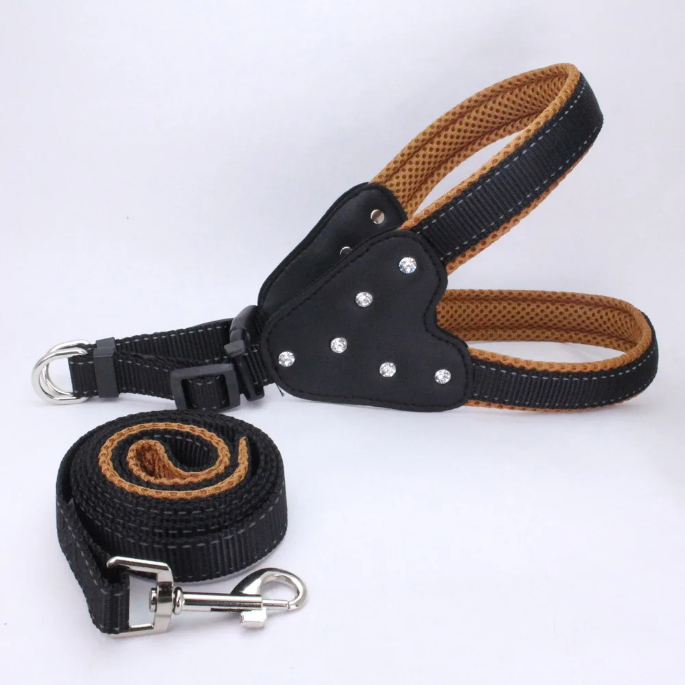 

New Reflective Dogs collars and harnesses nylon dog leash for small pet vest puppy leashes bling rhinestone harness Acessorios