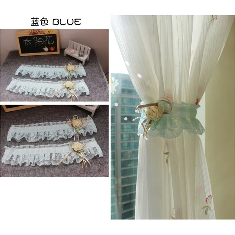 1 пара занавесок с пряжкой, пасторальный корейский стиль, маленькие свежие кружевные занавески, повязки для гостиной, спальни, занавески, аксессуары - Цвет: Blue