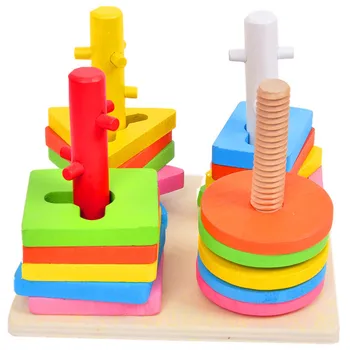 

1pc baby wooden 4 Set column colorful wood Kids Children early learning educational toys Geometry assemble blocks Free shipping