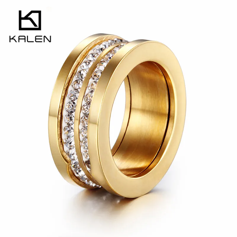 

Kalen New Design Gold Color Finger Rings Two-Row Rhinestone Wedding Rings Fancy Stainless Steel Various Sizes Engagement Rings