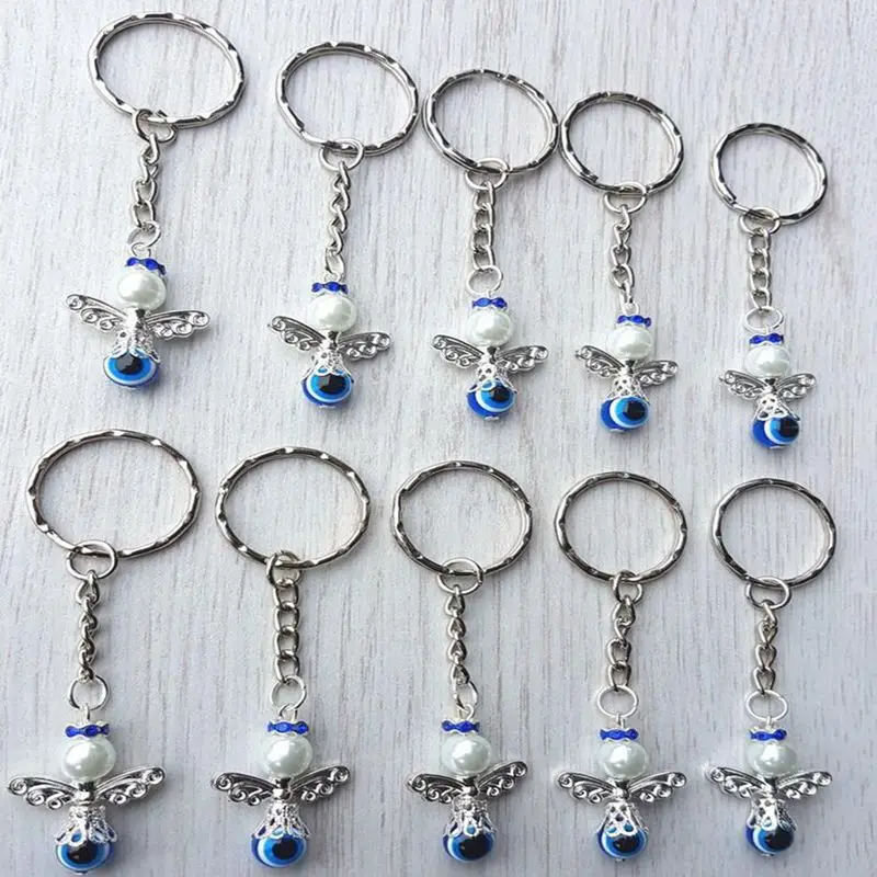 

Guardian Angel Devil's Eye Keychain For Keys Car Key Ring Handbag Vintage Silver Pearl Beads Lucky Party Key Chains Jewelry NEW