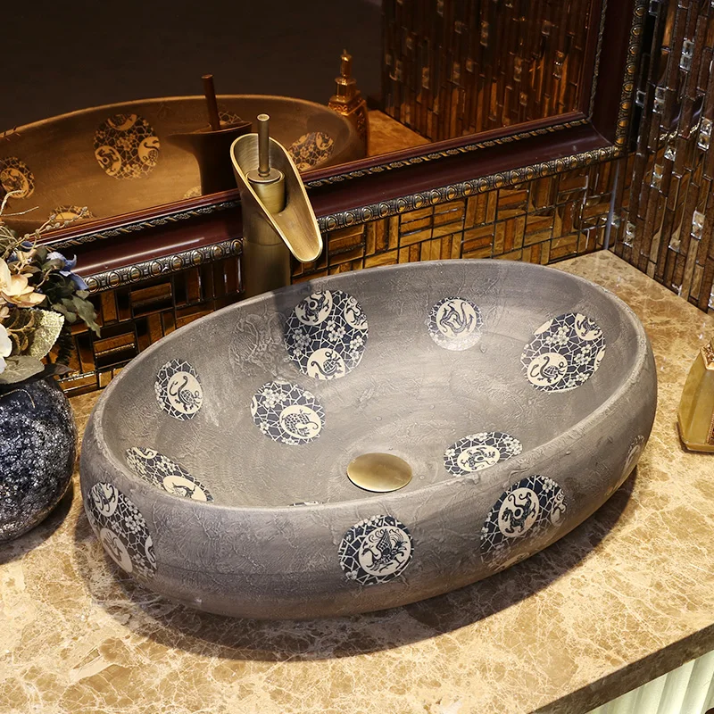 Oval shape Europe style chinese Jingdezhen Art Counter Top ceramic commercial bathroom vanities wash basin sinks (4)