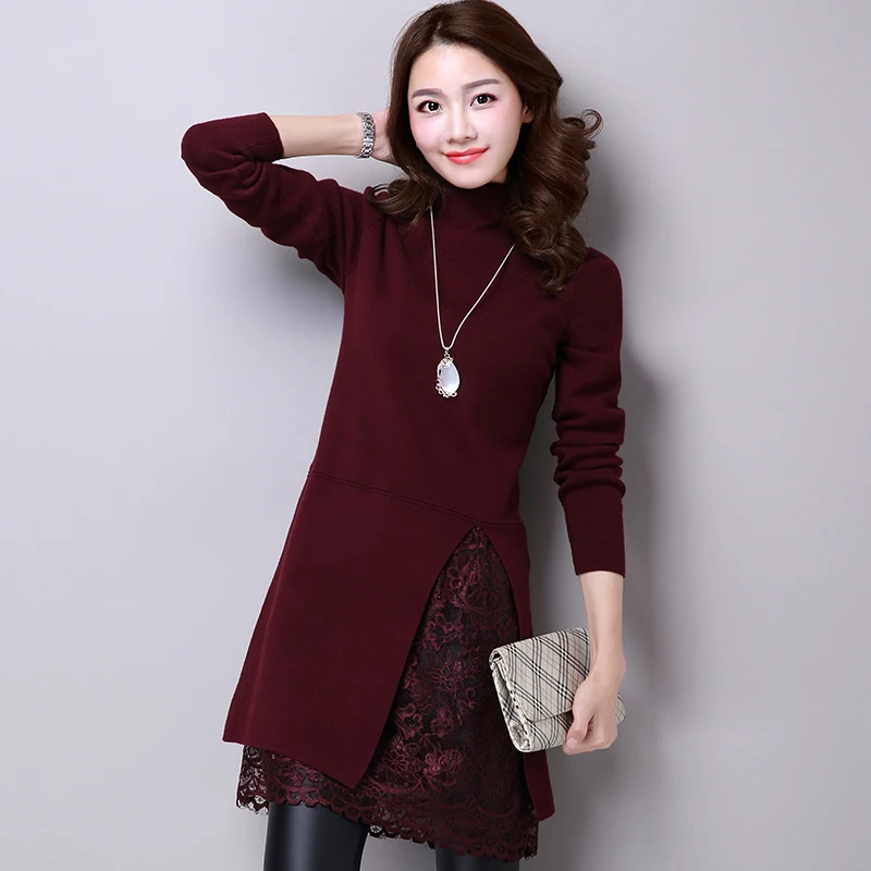 Женское трикотажное платье свитер с высоким воротником и длинным рукавом|dress